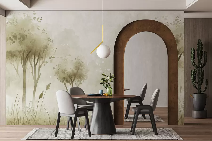 fotószőnyeg Akvarell erdő fűvel és fákkal, zöld színben w01546v1