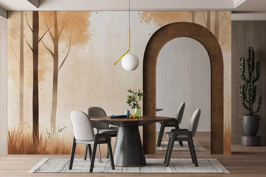 fotószőnyeg Akvarell erdő, köd, fák, fű, természetes táj, bézs színű w01563