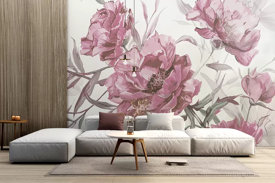 fotószőnyeg Rózsaszín bazsarózsa festmény buja lombozat ellen egy könnyű absztrakt háttérrel  w08274