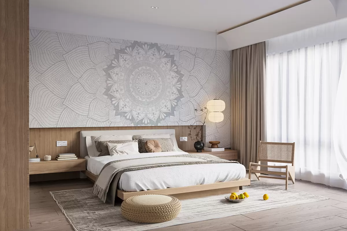 fotószőnyeg Kerek mandala, tapéta jóga térbe vagy személyes tér harmonizálására. Fali mandala szürke árnyalatokban, texturált heterogén háttéren w01088v2