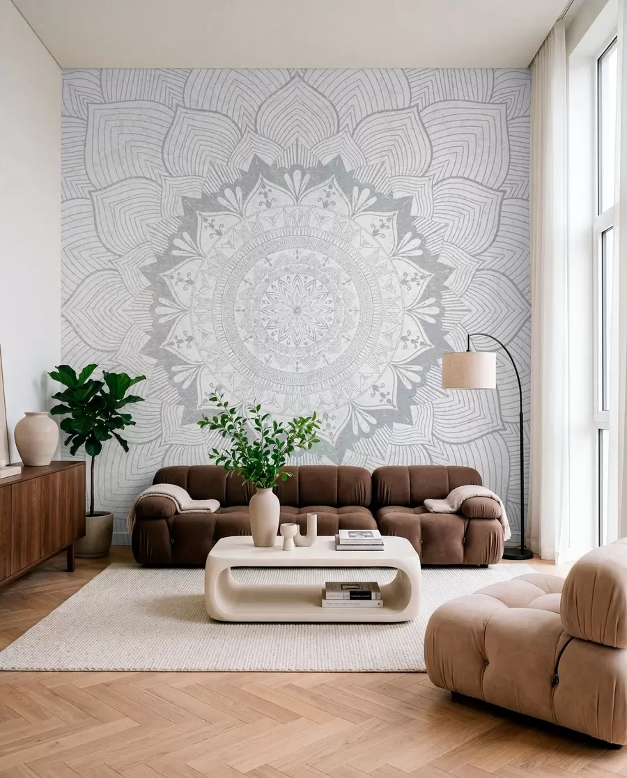 fotószőnyeg Kerek mandala, tapéta jóga térbe vagy személyes tér harmonizálására. Fali mandala szürke árnyalatokban, texturált heterogén háttéren w01088v2