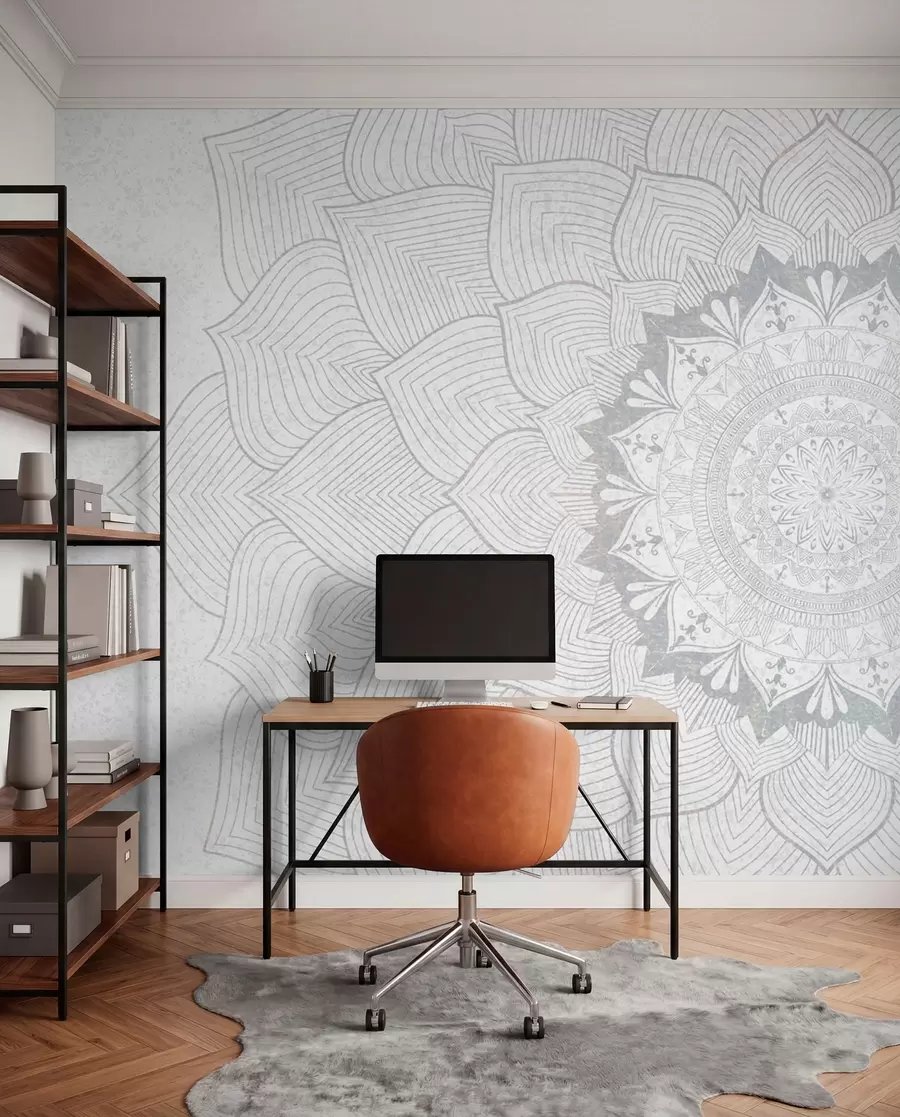 fotószőnyeg Kerek mandala, tapéta jóga térbe vagy személyes tér harmonizálására. Fali mandala szürke árnyalatokban, texturált heterogén háttéren w01088v2
