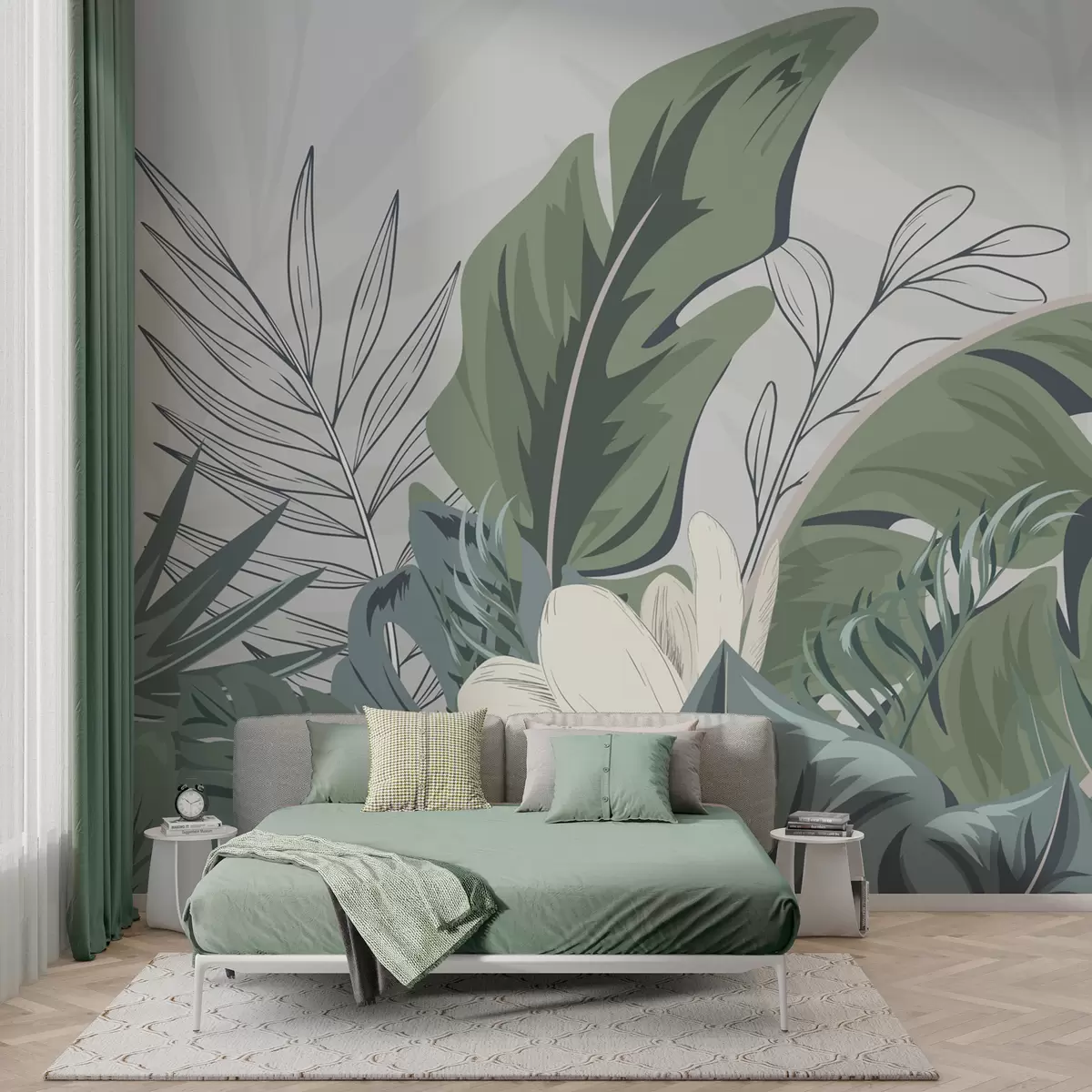 fotószőnyeg Zöld trópusi erdő háttérkép monstera levelek, pálma, ágak w01598