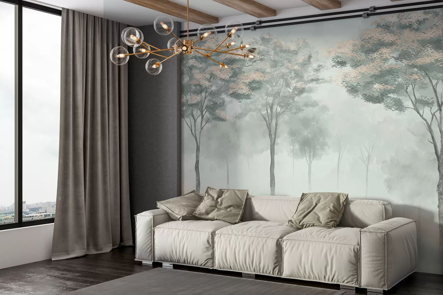 fotószőnyeg Ködös erdei sziluett zöld, világosszürke és bézs színekben w01599