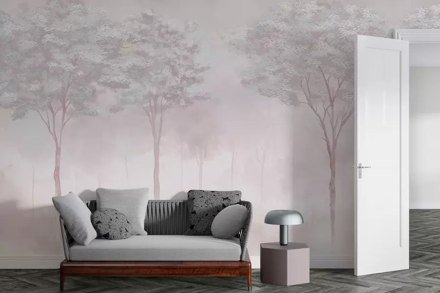 fotószőnyeg Ködös erdei sziluett lágy rózsaszín színben w01599v1