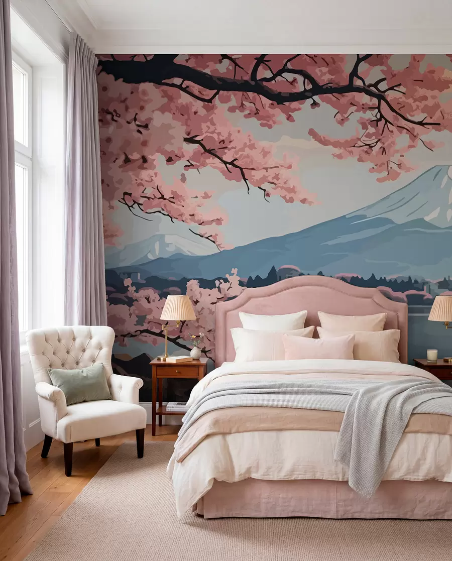 fotószőnyeg Sakura, hegyek, akvarell w01664