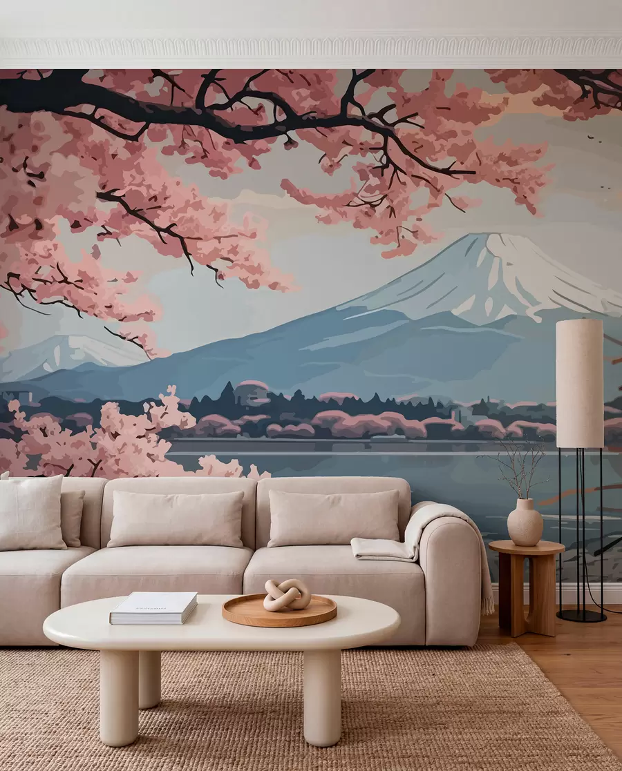 fotószőnyeg Sakura, hegyek, akvarell w01664