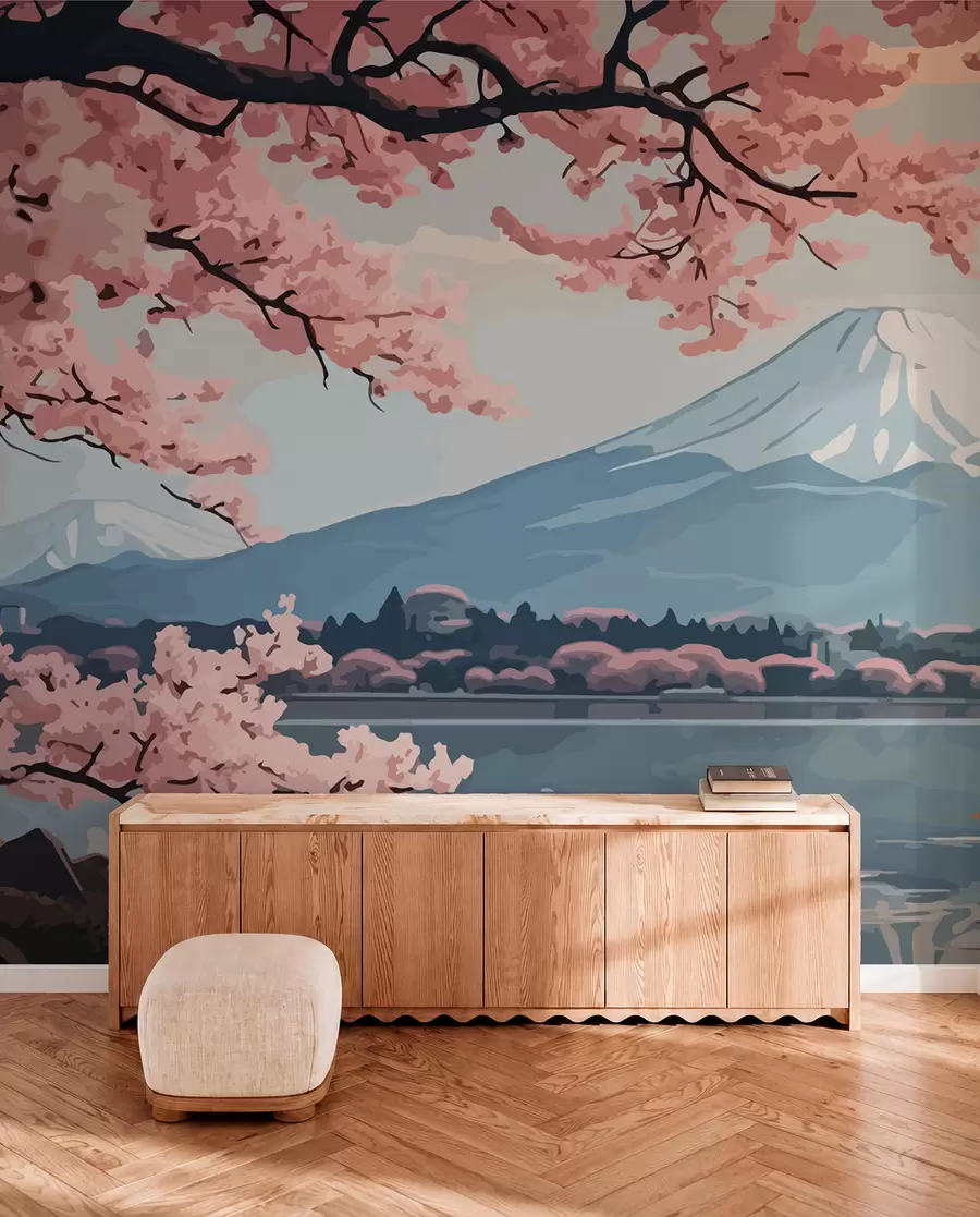 fotószőnyeg Sakura, hegyek, akvarell w01664