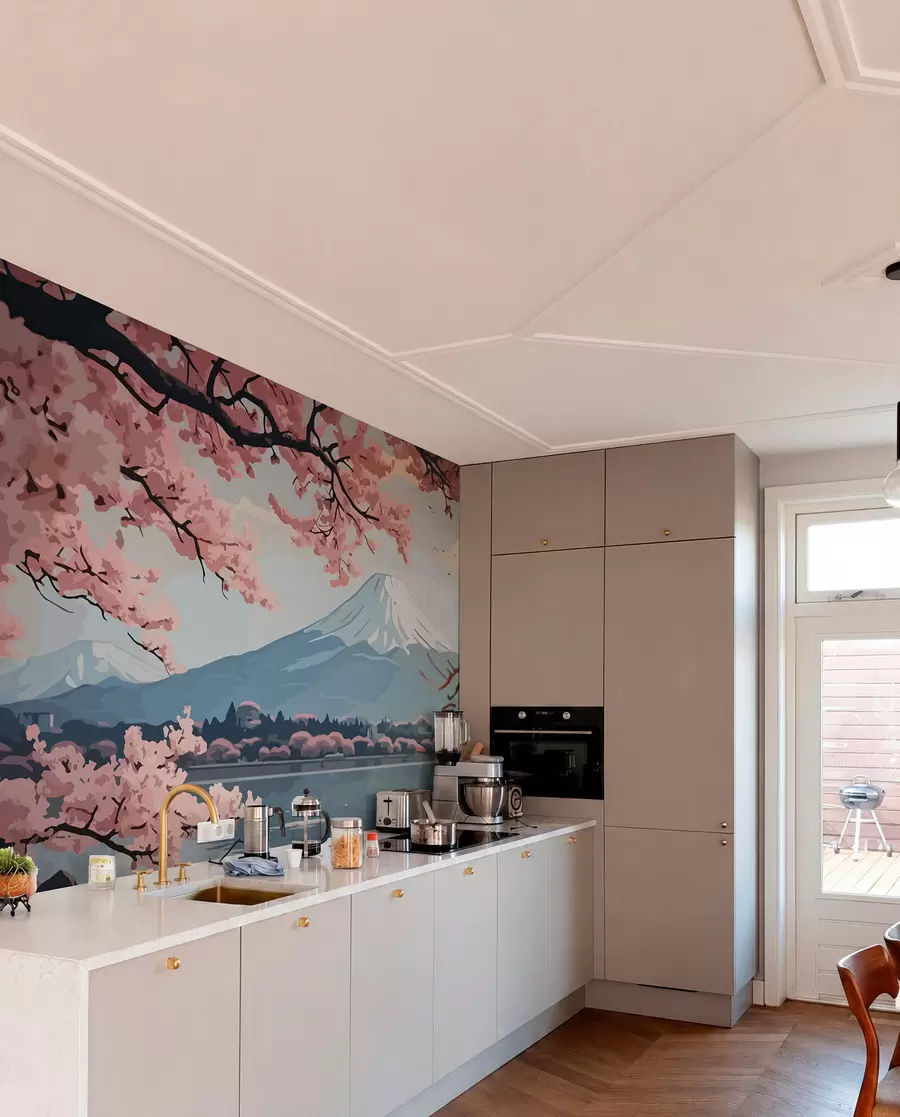 fotószőnyeg Sakura, hegyek, akvarell w01664
