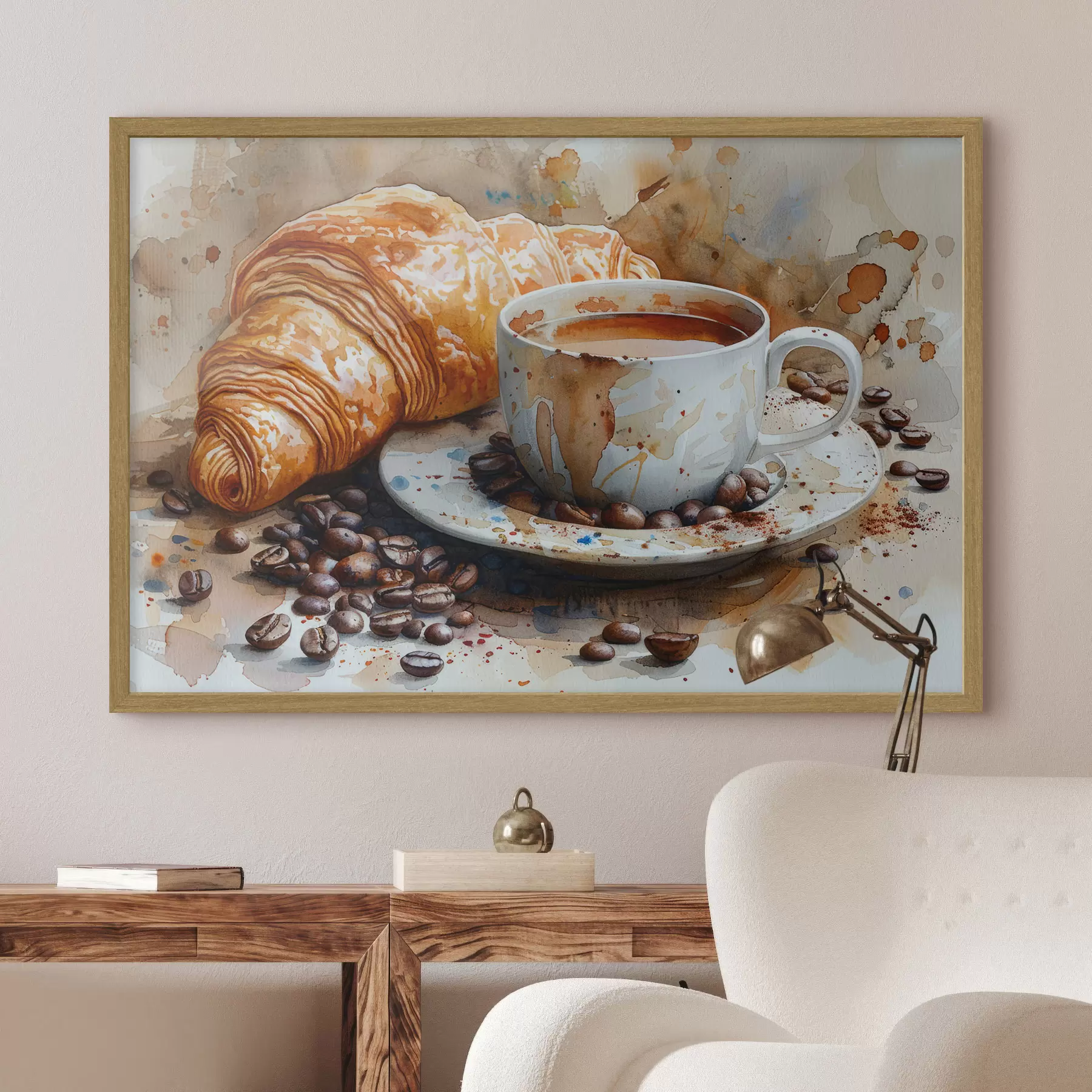 fotószőnyeg Croissant, reggel, croissant és egy csésze kávé, vízfestmény f40782