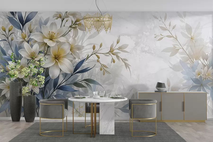 fotószőnyeg Fehér, bézs és kék virágcsokor finom levelekkel, lágy, elmosódott háttéren w08314