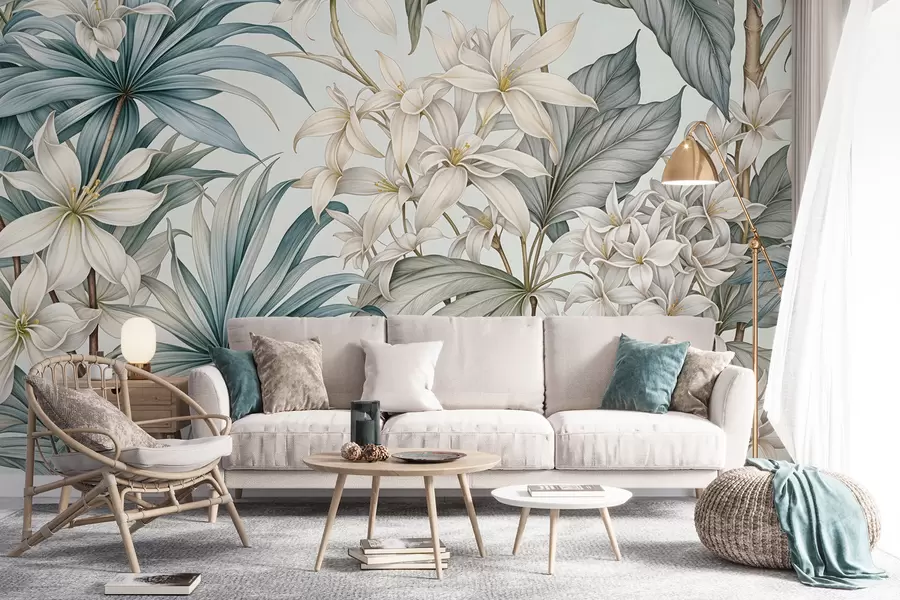 fotószőnyeg Trópusi virágmintás, nagy fehér és világoskék virágokkal, zöld levelekkel és semleges háttérrel w08318