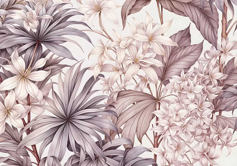 fotószőnyeg Trópusi virágmintás, nagy fehér és világos rózsaszín virágokkal, bordó levelekkel és semleges háttérrel w08318v1