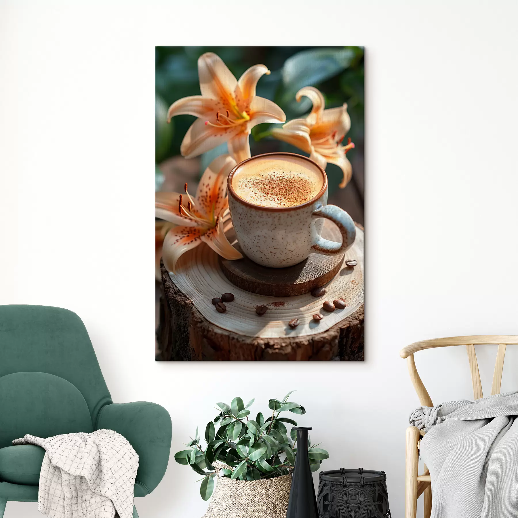 fotótapéta Egy csésze cappuccino a természetben a liliomok hátterében s40906