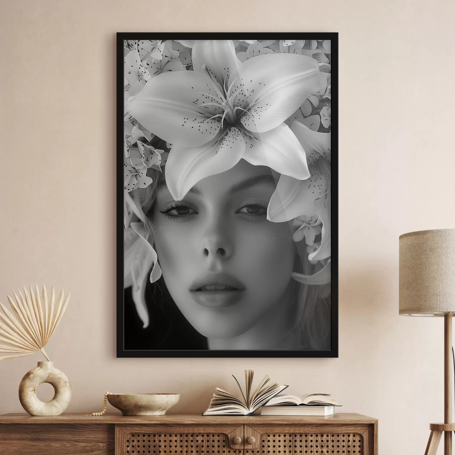 fotószőnyeg Fehér nagy liliomok és egy lány arca f40937