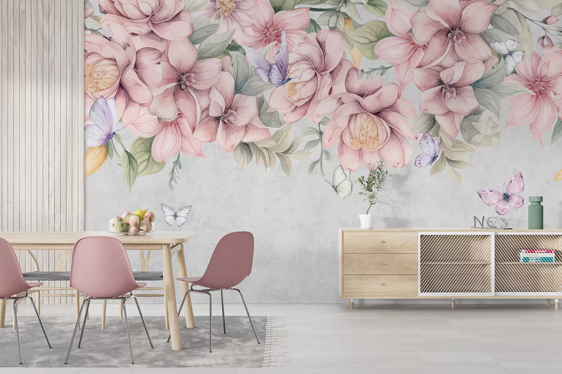 fotószőnyeg Lágy rózsaszín és fehér virágos, finom virágokkal és levelekkel, texturált szürke háttérrel w08331