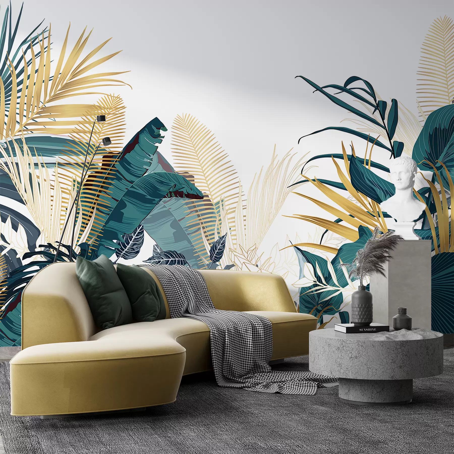 fotószőnyeg Trópusi buja zöld lombozat, beleértve a pálmaleveleket, páfrányokat és más egzotikus növényeket sötétzöld és narancssárga színekben w08338