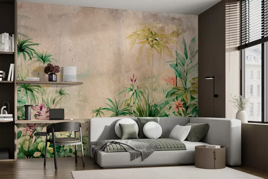 fotószőnyeg Dzsungel erdő, akvarell, pálmafák, virág, bézs háttér  w01788