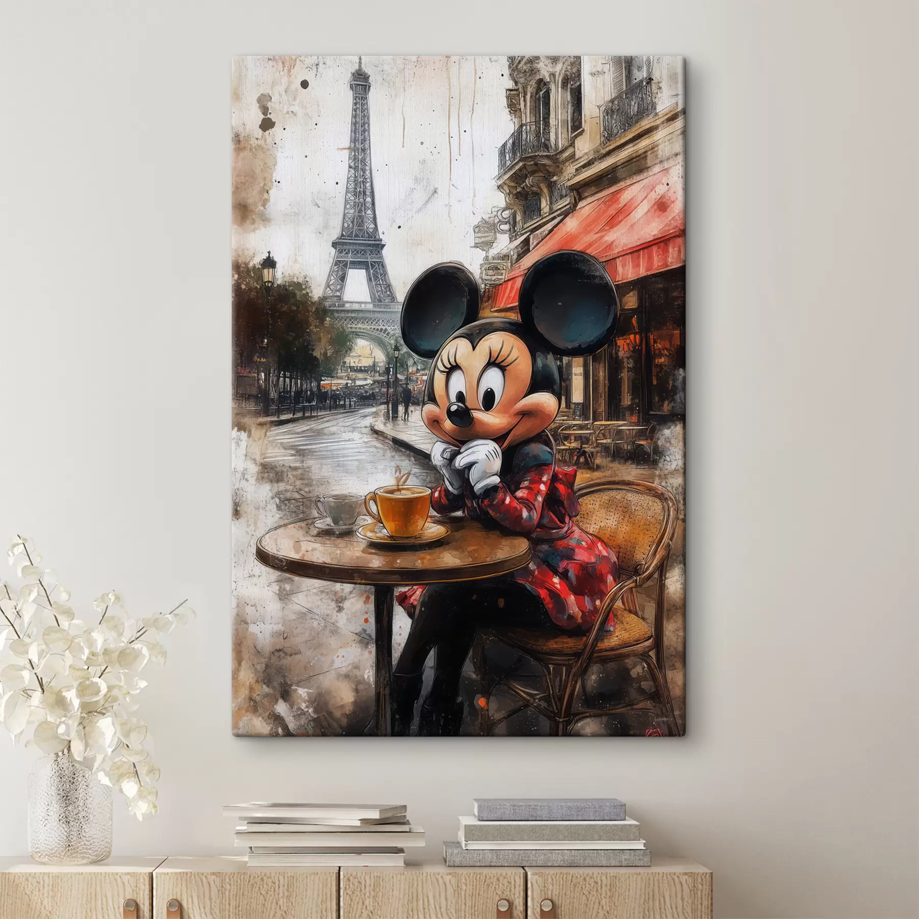 fotószőnyeg Mickey egér lány kávét iszik az Eiffel-torony előtt Párizsban s40972