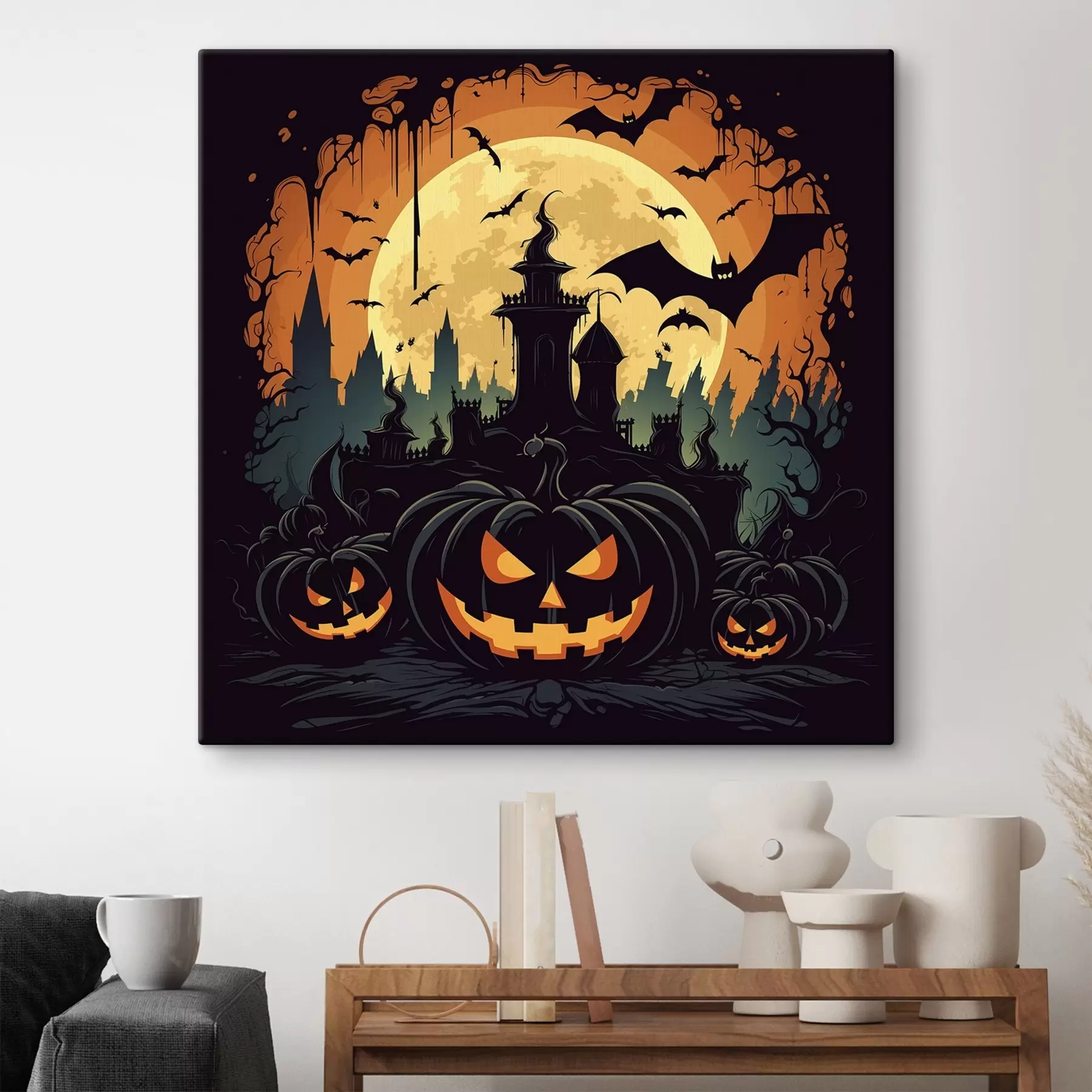 fotótapéta Halloween, kastély a telihold, denevérek és sütőtök hátterében s41138