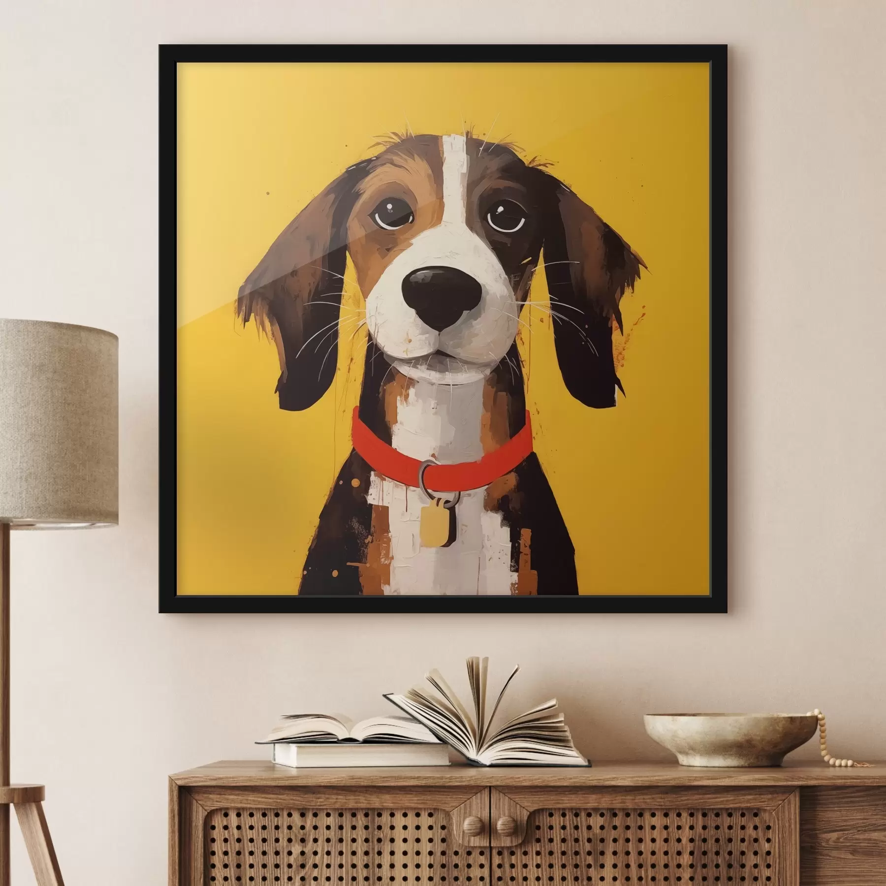 fotószőnyeg Portré egy kutya sárga háttérrel f41232