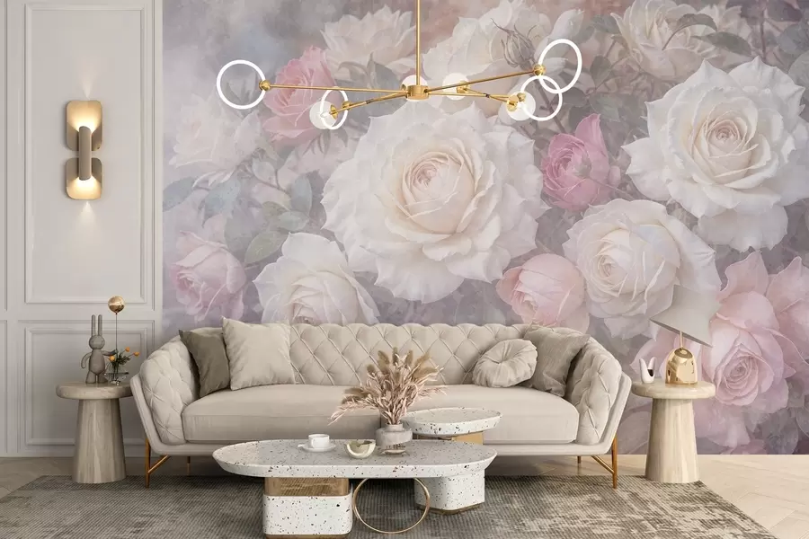 fotószőnyeg Lágy, pasztellszínű rózsák és bazsarózsák egy elmosódott, ködös szürke textúrájú háttér előtt w08352