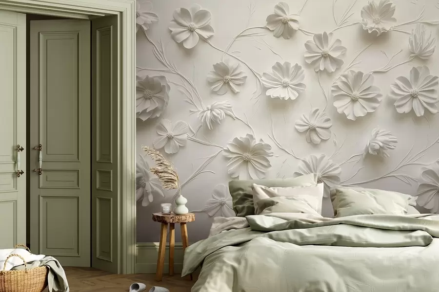 fotószőnyeg Fehér relief kompozíció virágokból minimalista és kifinomult stílusban w01828