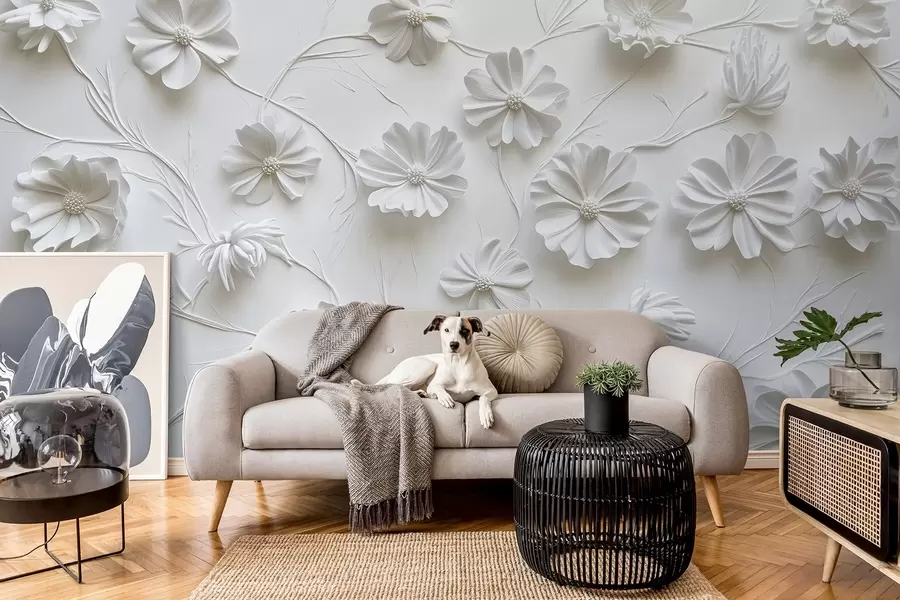 fotószőnyeg Fehér relief kompozíció virágokból minimalista és kifinomult stílusban w01828