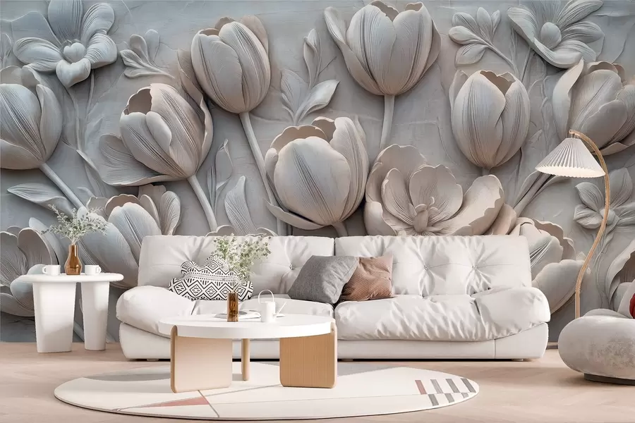 fotószőnyeg 3D virágos művészet kecses tulipánokkal szürke színben w01851v1