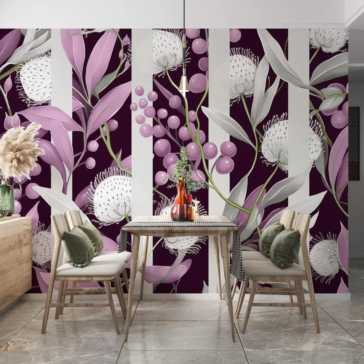 fotószőnyeg Virágok dísze vadon termő bogyókkal, vintage, rózsaszín és zöld színekben w01886v1