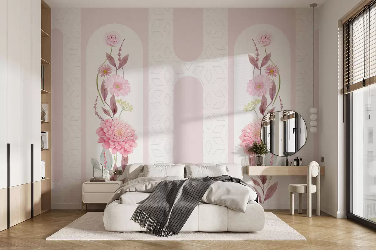fotószőnyeg Panel finom rózsaszín virágok ívekben egy geometrikus háttéren w01875