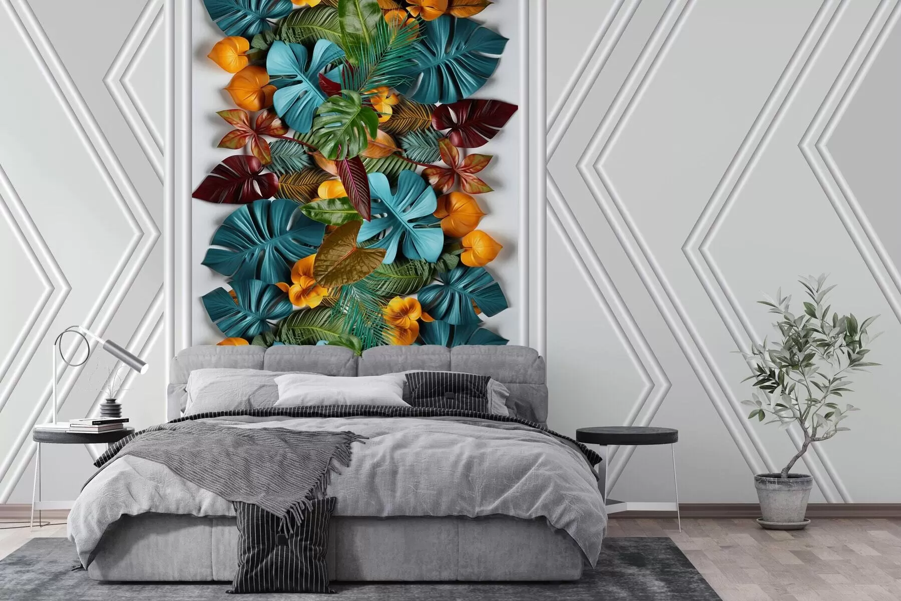 fotószőnyeg 3D háttérkép színes trópusi levelekkel és geometriával szürke háttérrel w01876