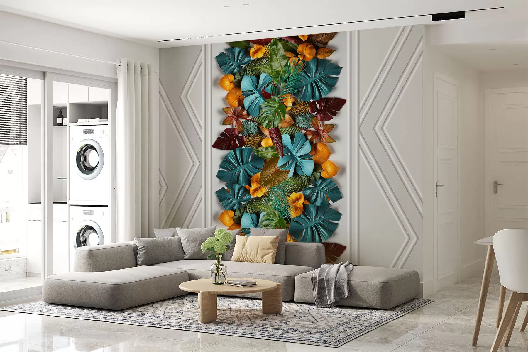 fotószőnyeg 3D háttérkép színes trópusi levelekkel és geometriával szürke háttérrel w01876