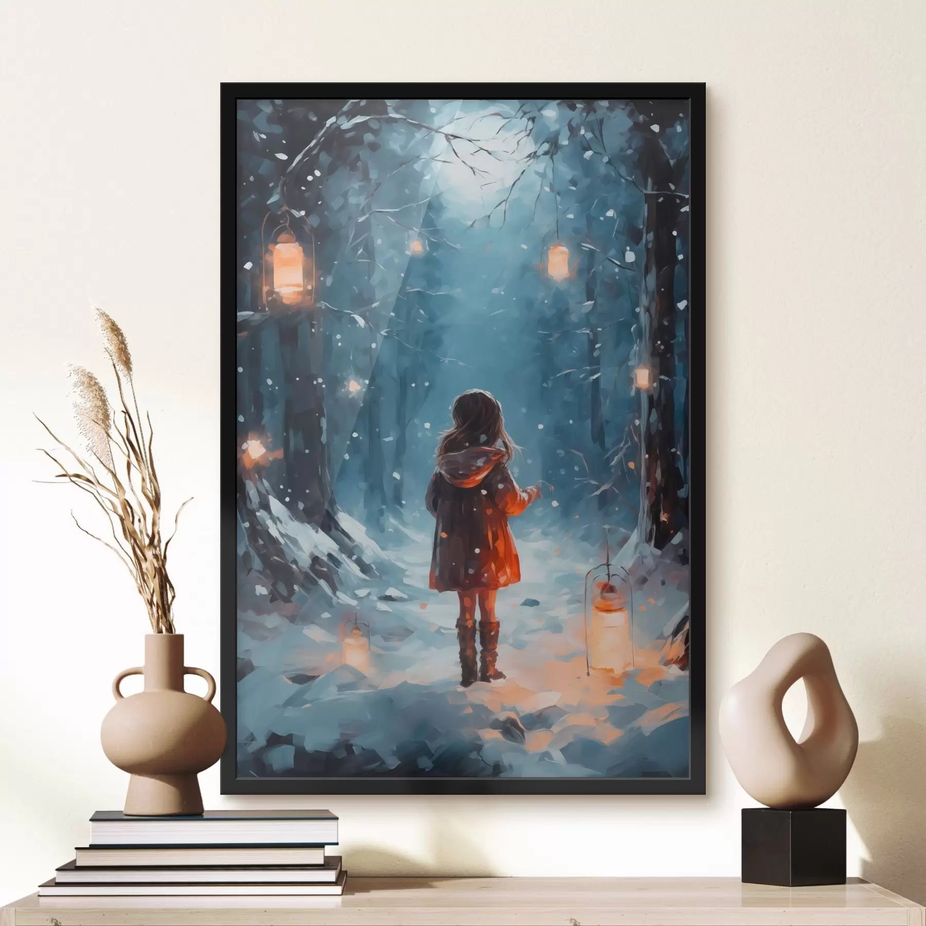 fotószőnyeg Lány az éjszakai téli erdőben fák és lámpások között f41277