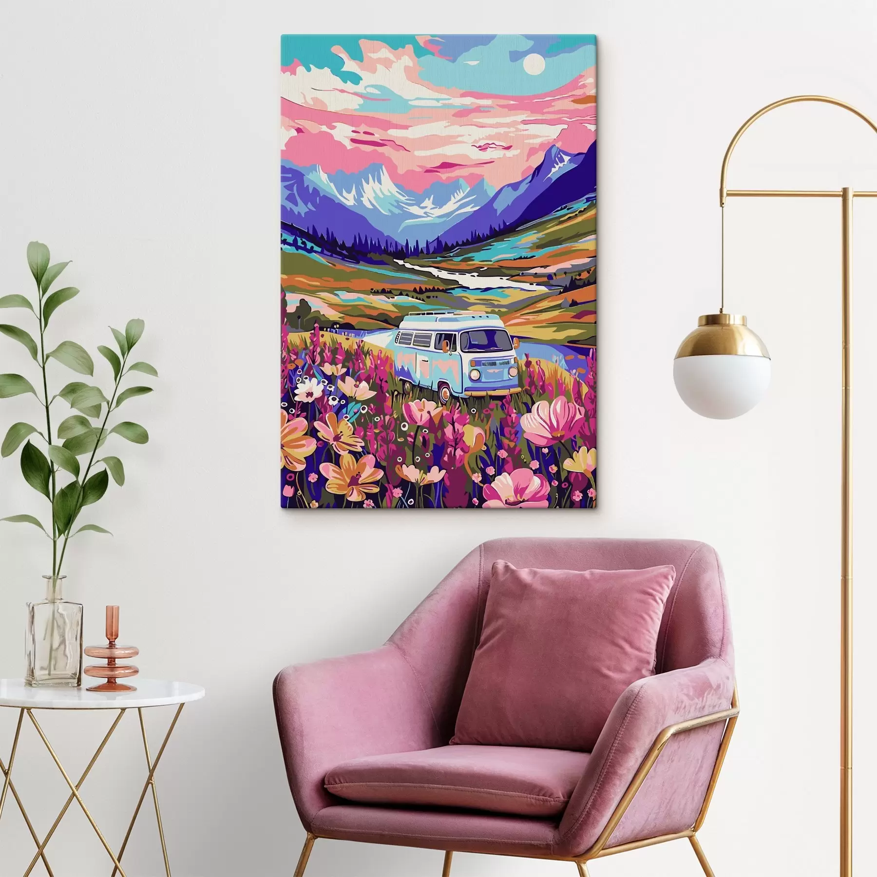 fotótapéta Egy virágmezőn áthaladó furgon s38260