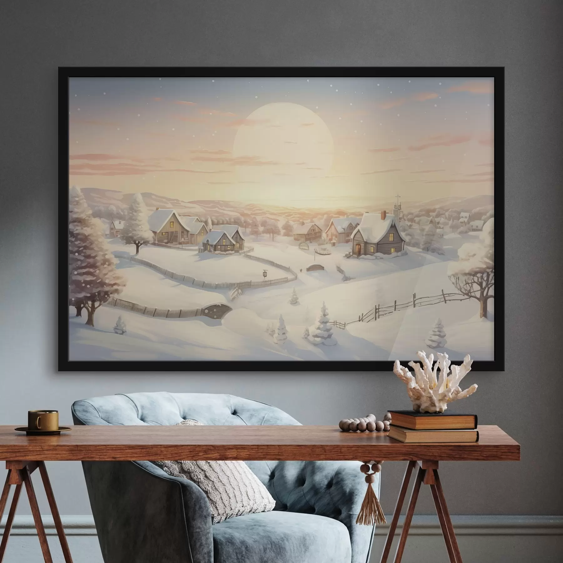 fotószőnyeg Téli falu a naplementében, hóval borított házak, fenyőfák f41380