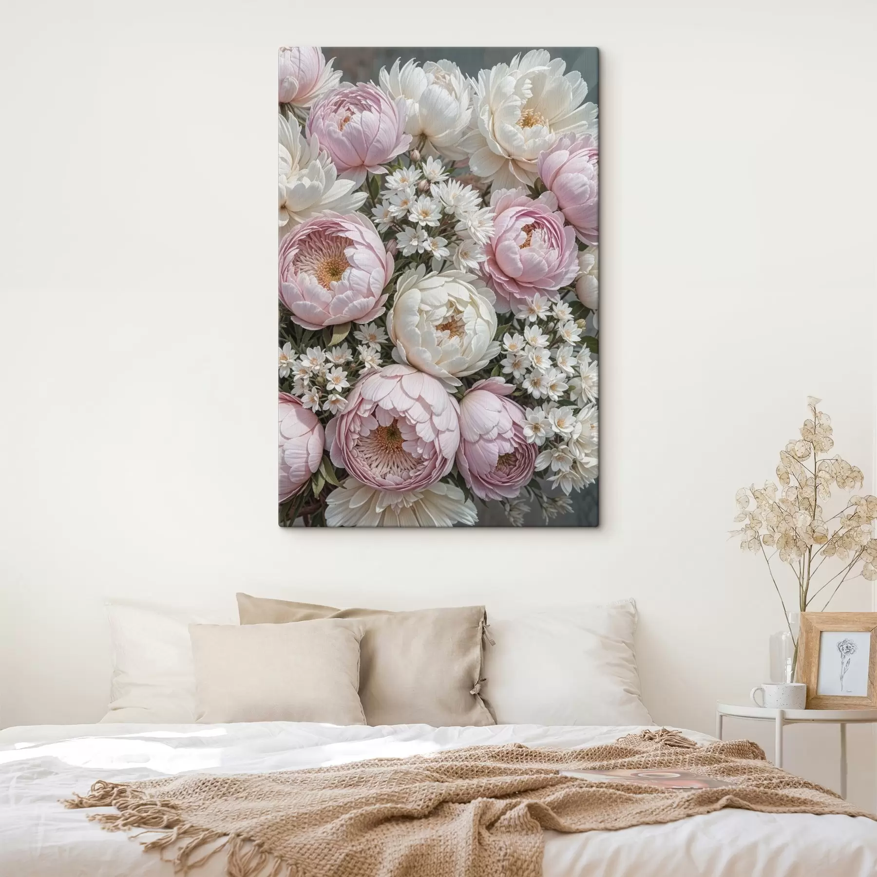 fotótapéta Egy csokor pasztell rózsaszínű bazsarózsából és fehér százszorszépből, gyönyörű virágkompozícióban elrendezve s41255