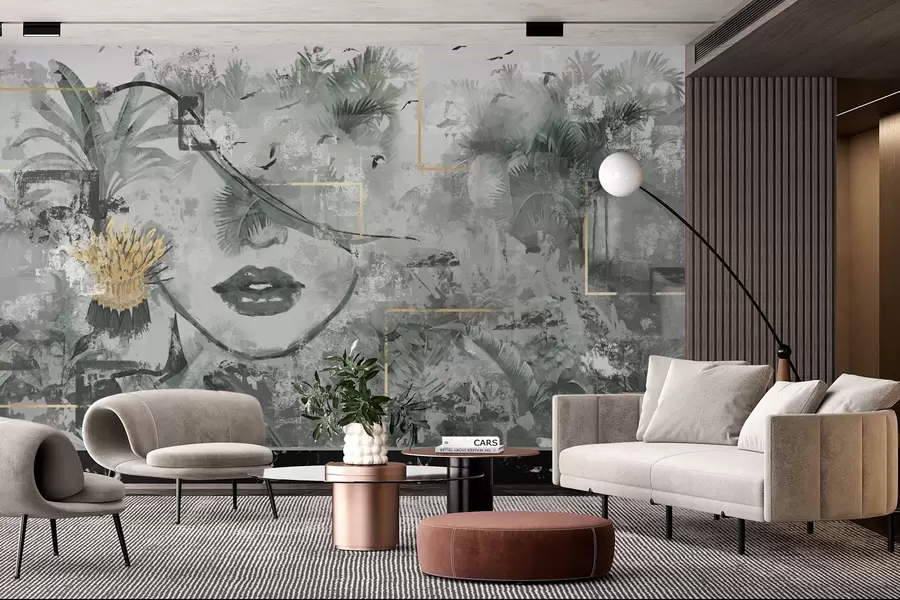 fotószőnyeg Grunge esőerdő és lány arc sziluettje w01916