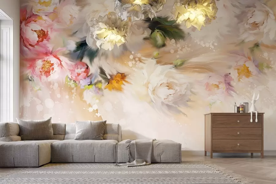 fotószőnyeg Akril bazsarózsa, ecsetvonások, virágos, lágy pasztell bézs színben w02021v2