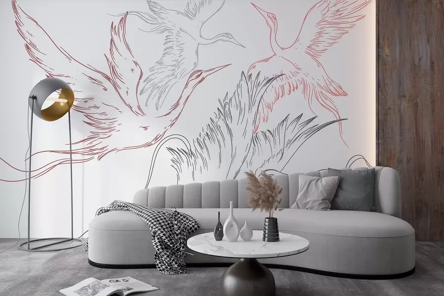 fotószőnyeg Madarak repülnek, minimalizmus, vonal művészet, természet, szürke és piros színek w02061v1