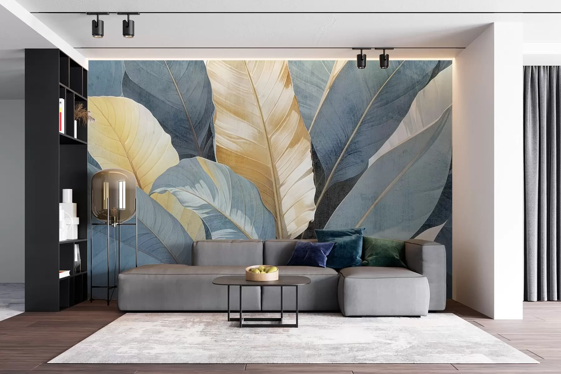 fotószőnyeg Nagyméretű, dús, textúrált, dekoratív trópusi levelek közeli nézete a kék, zöld és sárga árnyalataiban w08373