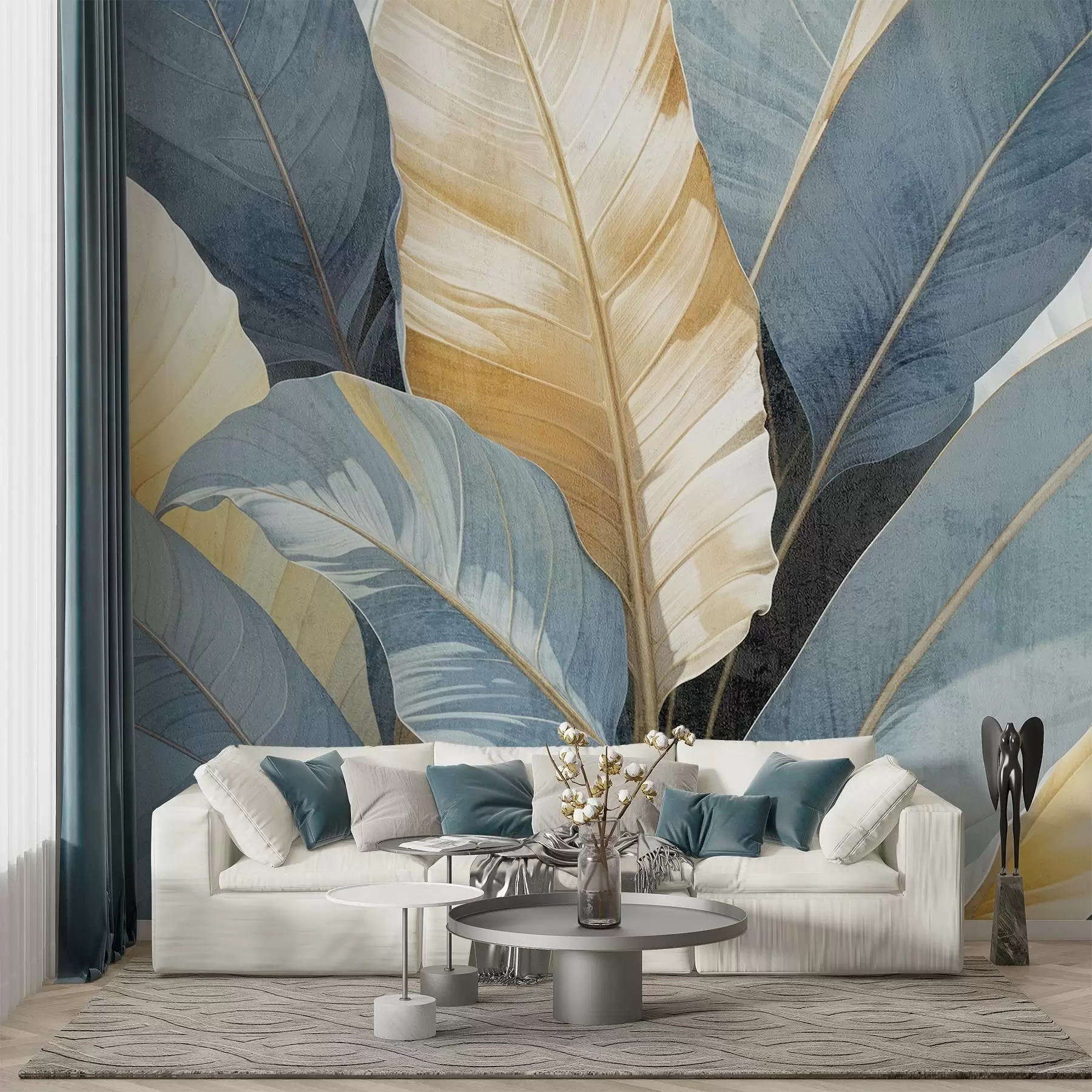 fotószőnyeg Nagyméretű, dús, textúrált, dekoratív trópusi levelek közeli nézete a kék, zöld és sárga árnyalataiban w08373