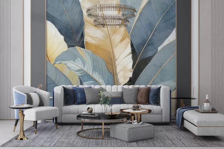 fotószőnyeg Nagyméretű, dús, textúrált, dekoratív trópusi levelek közeli nézete a kék, zöld és sárga árnyalataiban w08373