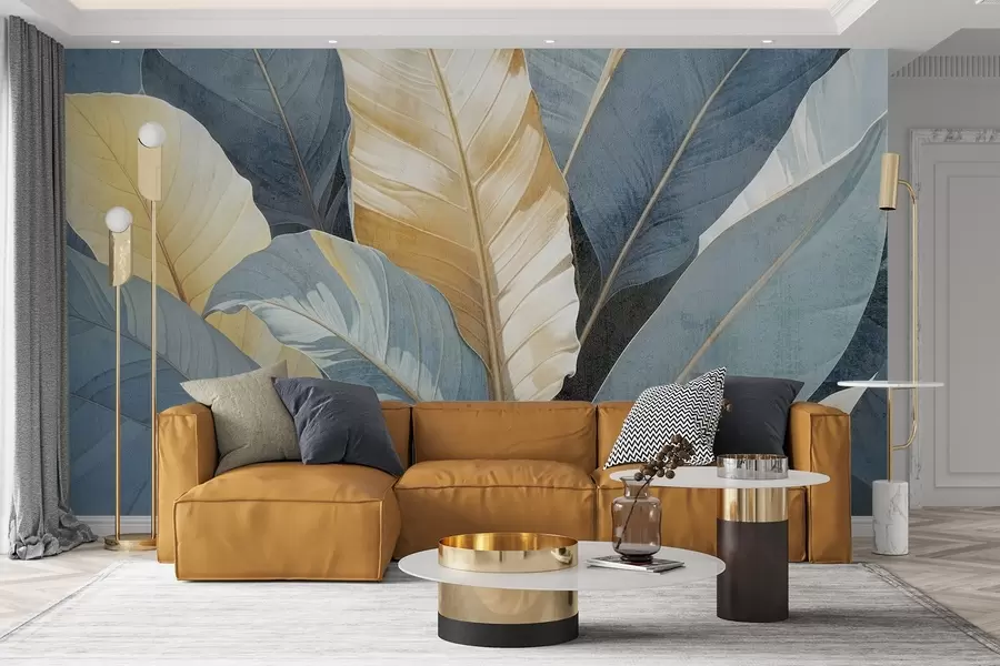 fotószőnyeg Nagyméretű, dús, textúrált, dekoratív trópusi levelek közeli nézete a kék, zöld és sárga árnyalataiban w08373