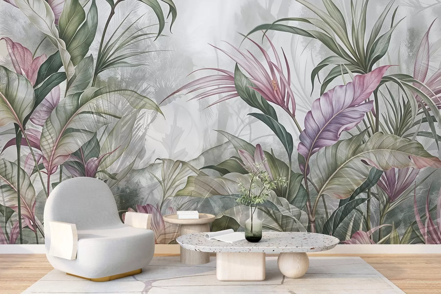 fotószőnyeg Trópusi dzsungel nagy zöld levelekkel és rózsaszín protea virágokkal, elmosódott textúrájú háttérrel w08375