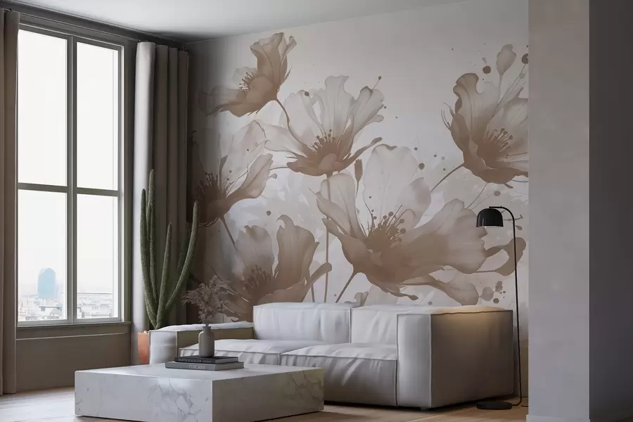 fotószőnyeg Finom barna virágok lágy, elmosódott szirmokkal és vízfesték foltokkal világos háttér előtt w08376v1