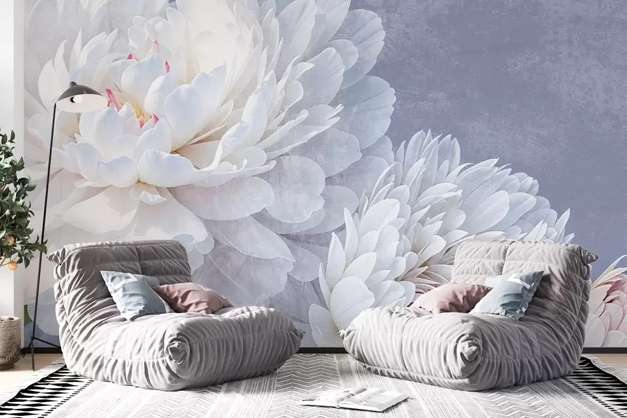 fotószőnyeg Fehér, részletesen kidolgozott pünkösdi rózsavirágok lágy, finom szirmokkal, világos pasztellkék textúrájú háttér előtt w08379