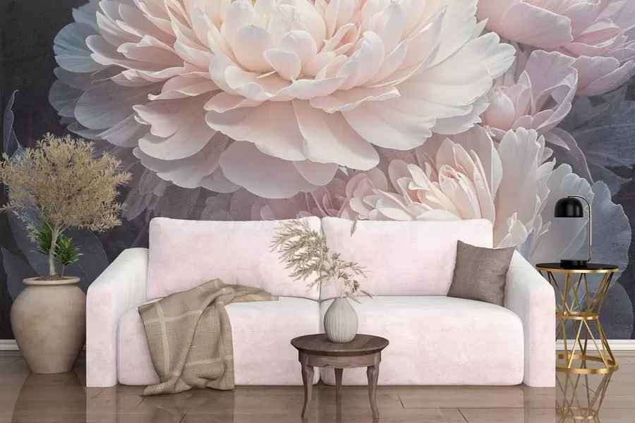 fotószőnyeg Közelkép két nagy, finom rózsaszínű bazsarózsáról, puha, bolyhos szirmokkal és levelekkel, elmosódott háttér előtt w08382