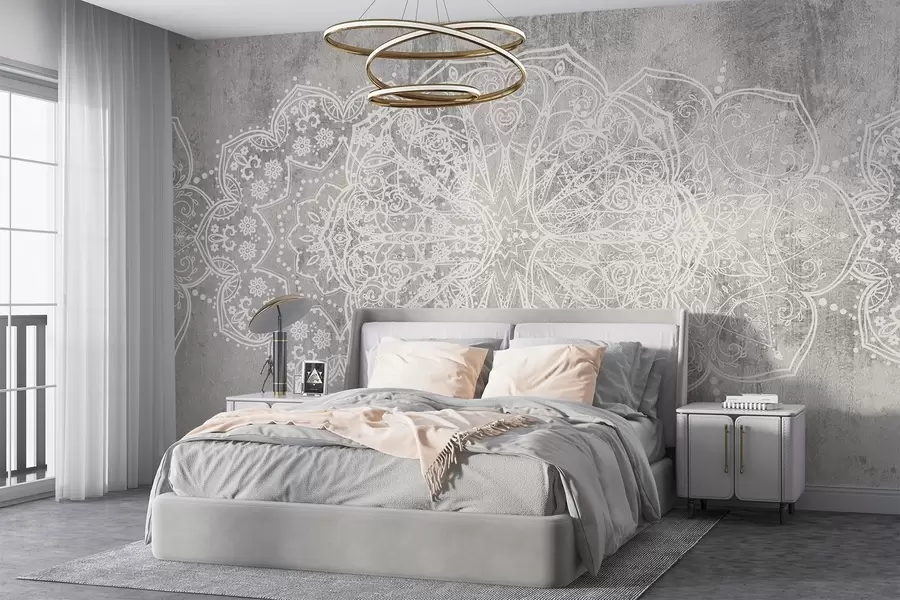 fotószőnyeg Részletes, bonyolult, fehér csipke mandala minta egy texturált, szürke loft fal hátterén w08387