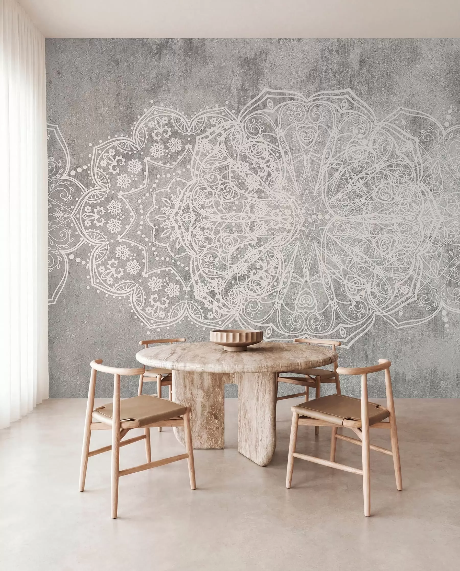 fotószőnyeg Részletes, bonyolult, fehér csipke mandala minta egy texturált, szürke loft fal hátterén w08387